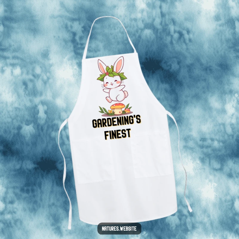 Funny apron featuring a cute bunny in a leaf crown hopping over a mushroom, perfect for a whimsical cook.
