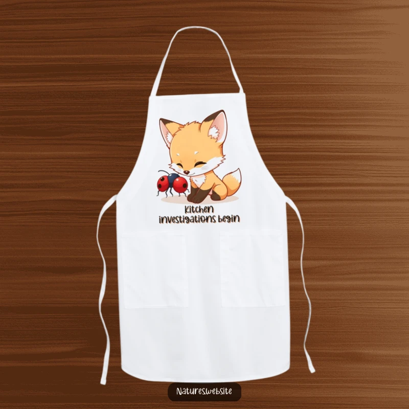 Funny fox cub apron showing a curious cub playfully interacting with a red ladybug, ready for humorous culinary exploration.