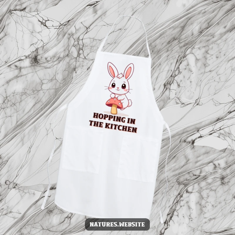 Funny apron showing a bouncing bunny with big curious eyes, hopping over a small mushroom.