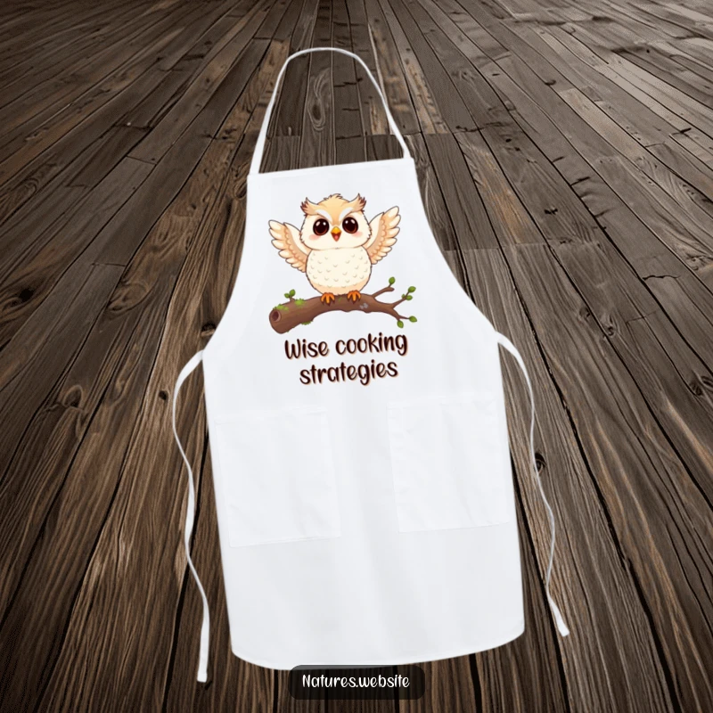 Funny owl chick apron showing a joyful chick flapping tiny wings on a mossy branch, ready for humorous culinary adventures.