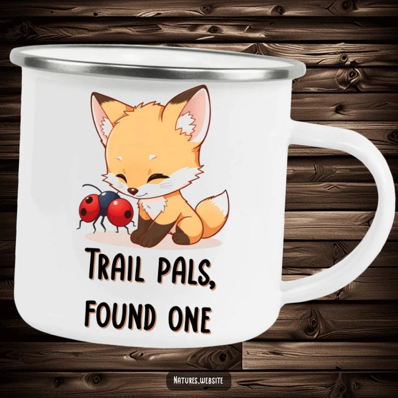 Funny fox cub camping mug showing a curious cub nudging a red ladybug, perfect for outdoor humor and warm beverages.