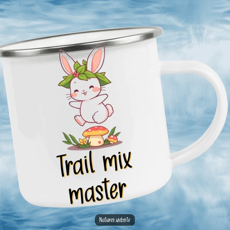Funny camping mug with a cute bunny hopping over a mushroom, designed for whimsical outdoor enjoyment.