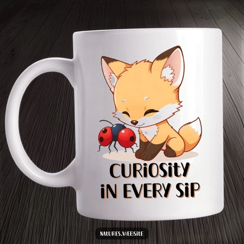 Funny fox cub mug showing a curious cub gently nudging a bright red ladybug, evoking innocence and gentle exploration.