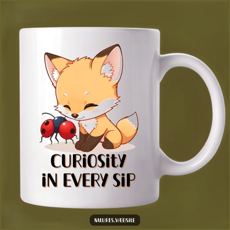 Funny Fox Cub Mug: Curious Ladybug Encounter - A Sweet & Humorous Gift