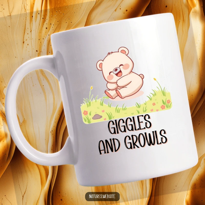 Funny mug featuring a happy bear cub rolling down a grassy hill with a gleeful giggle.
