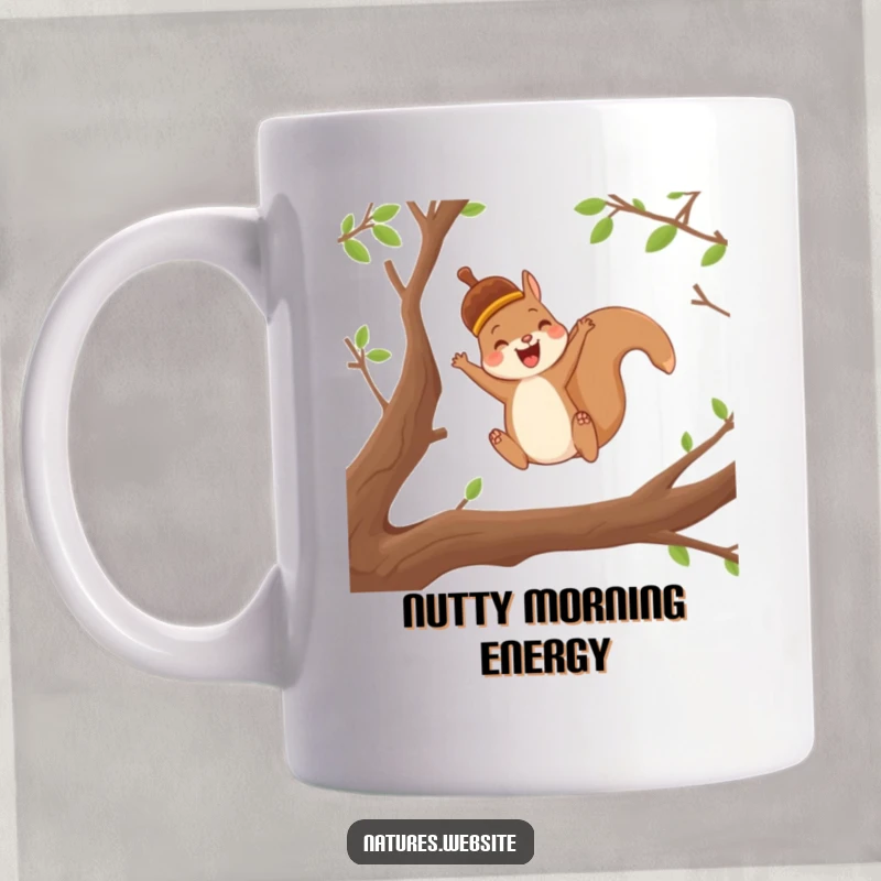 Funny mug featuring a joyful squirrel wearing an acorn cap, leaping playfully between tree branches.