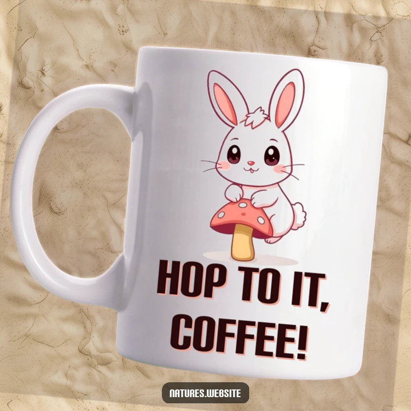 Funny mug with a bouncing bunny, big curious eyes, happily hopping over a small mushroom.