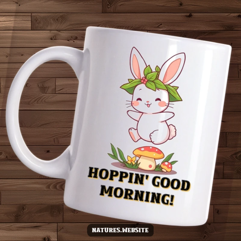 Funny mug with a cute bunny wearing a leaf crown, joyfully hopping over a red and white mushroom.