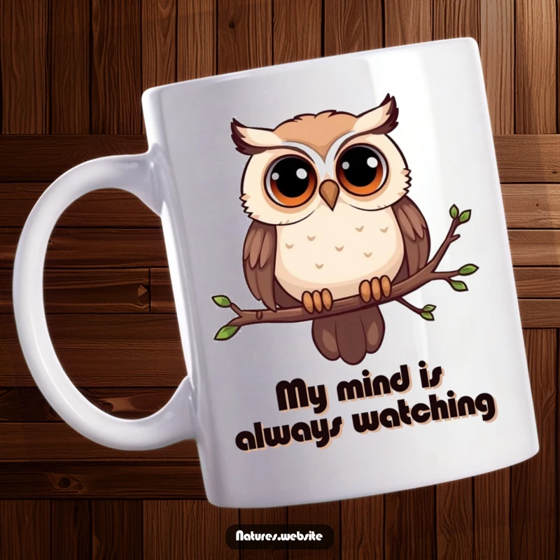Funny owl mug featuring a curious owl with large eyes perched on a swaying branch, looking inquisitive and ready for a laugh.