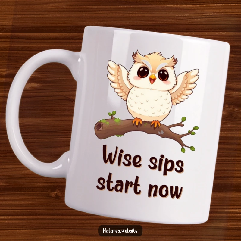 Funny owl chick mug showing a joyful chick flapping tiny wings on a mossy branch, embodying cute excitement and humor.