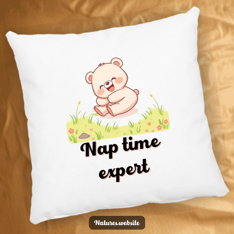 Funny pillow with a happy bear cub rolling down a hill, giggling, ideal for adding whimsical comfort.