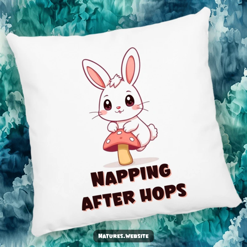 Funny pillow with a bouncing bunny, big curious eyes, happily hopping over a small mushroom.