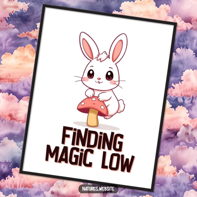 Funny digital art print of a bouncing bunny with big curious eyes, happily hopping over a small mushroom.