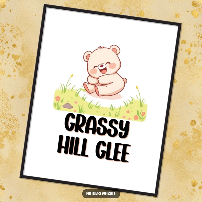 Funny digital art print of a happy bear cub rolling down a grassy hill, giggling, adding cheerful decor.