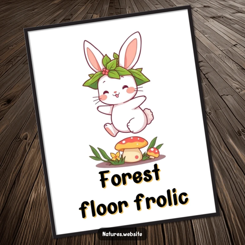 Funny digital art print of a cute bunny with a leaf crown hopping over a mushroom, adding whimsical decor.