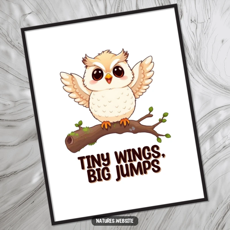 Funny owl chick digital art print of a joyful chick flapping tiny wings on a mossy branch, evoking cheerful energy and humor.