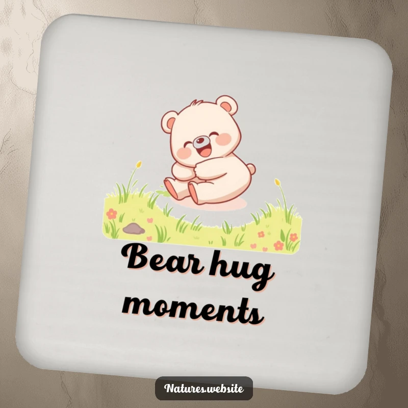 Funny drink coaster with a happy bear cub rolling down a hill, giggling, adding playful decor.