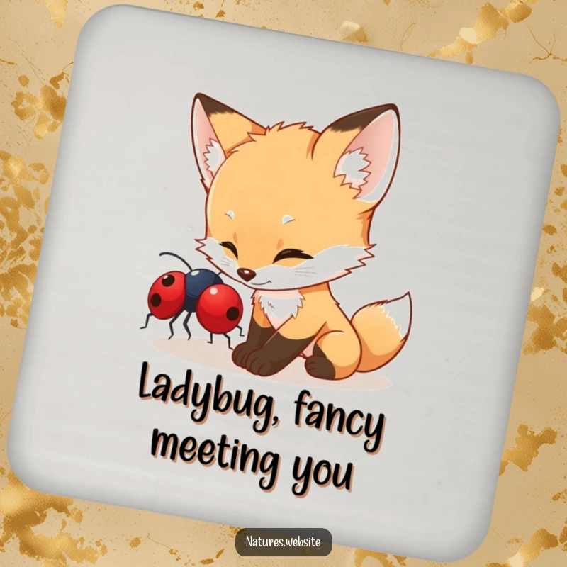 Funny fox cub drink coaster showing a curious cub gently nudging a ladybug, protecting surfaces with a touch of charm.