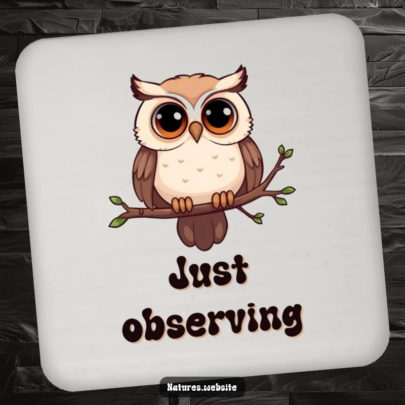 Funny owl drink coaster with a curious owl, large eyes, and a swaying branch, adding humor to tabletops.