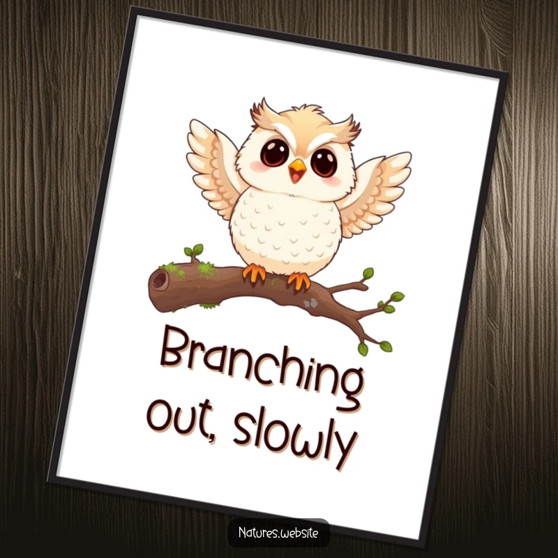 Funny owl chick poster showing a joyful chick flapping tiny wings while perched on a mossy branch, a piece of humorous wall art.
