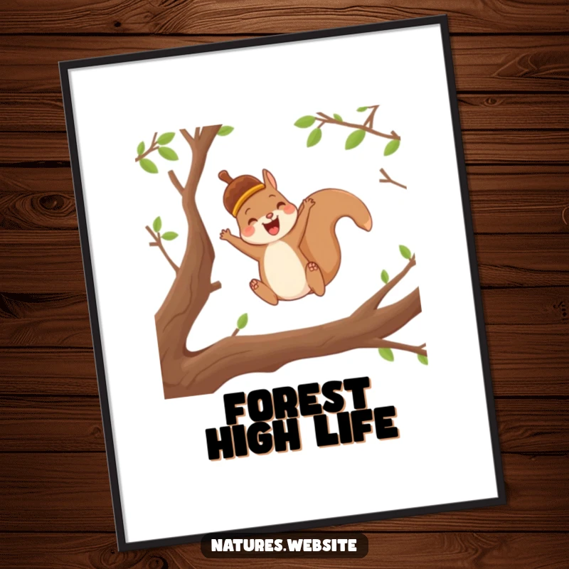 Funny poster showcasing a joyful squirrel in an acorn cap leaping between branches, adding dynamic nature decor.
