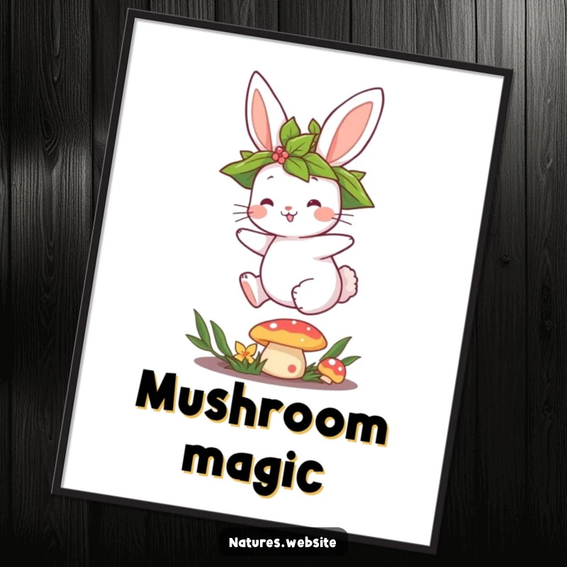 Funny poster showcasing a cute bunny with a leaf crown hopping over a mushroom, adding whimsical decor.