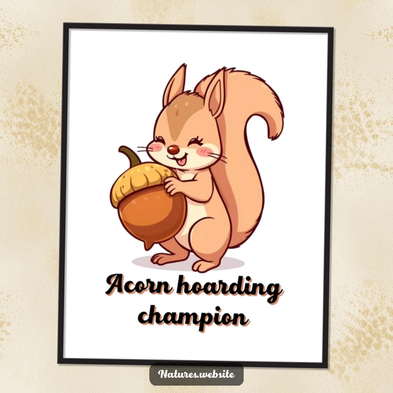 Funny squirrel poster showing a determined squirrel with a bushy tail balancing a massive acorn on a branch, a humorous wall art piece.