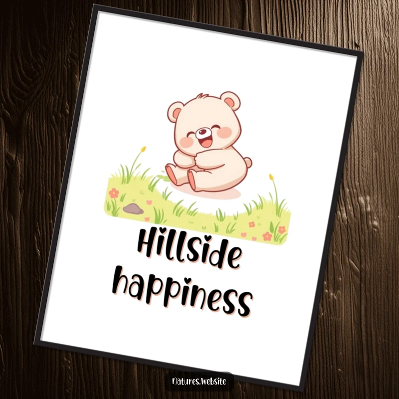 Funny poster showcasing a happy bear cub rolling down a grassy hill, giggling, perfect for playful decor.
