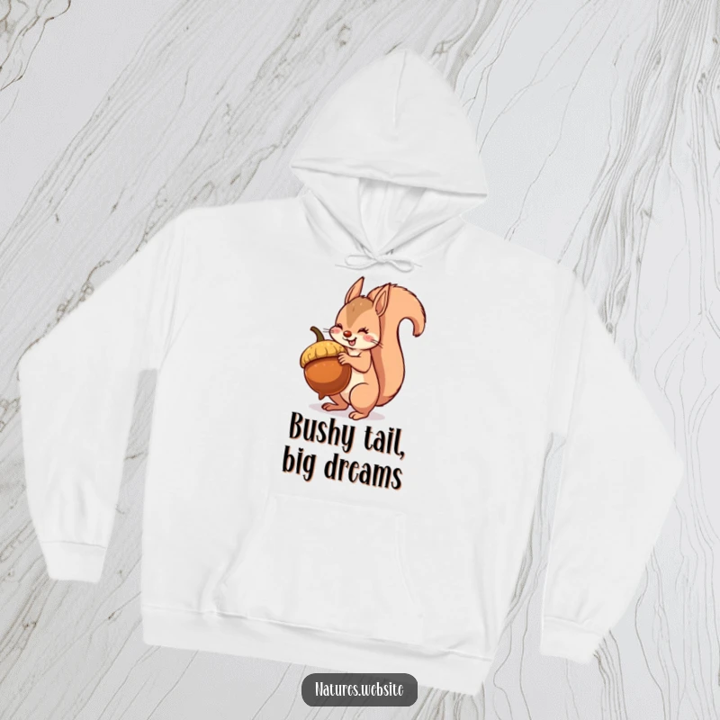 Funny squirrel hoodie depicting a determined squirrel balancing a huge acorn, perfect for cozying up with a laugh.