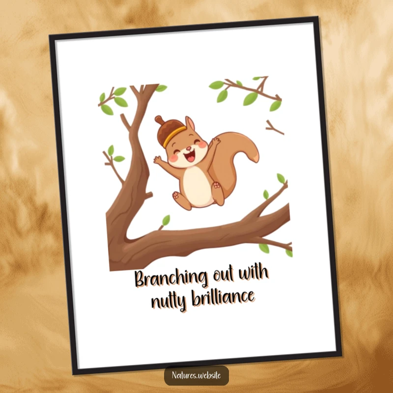 Funny Free Printable Wall Art: A joyful squirrel in an acorn cap energetically leaping between tree branches, perfect downloadable art.