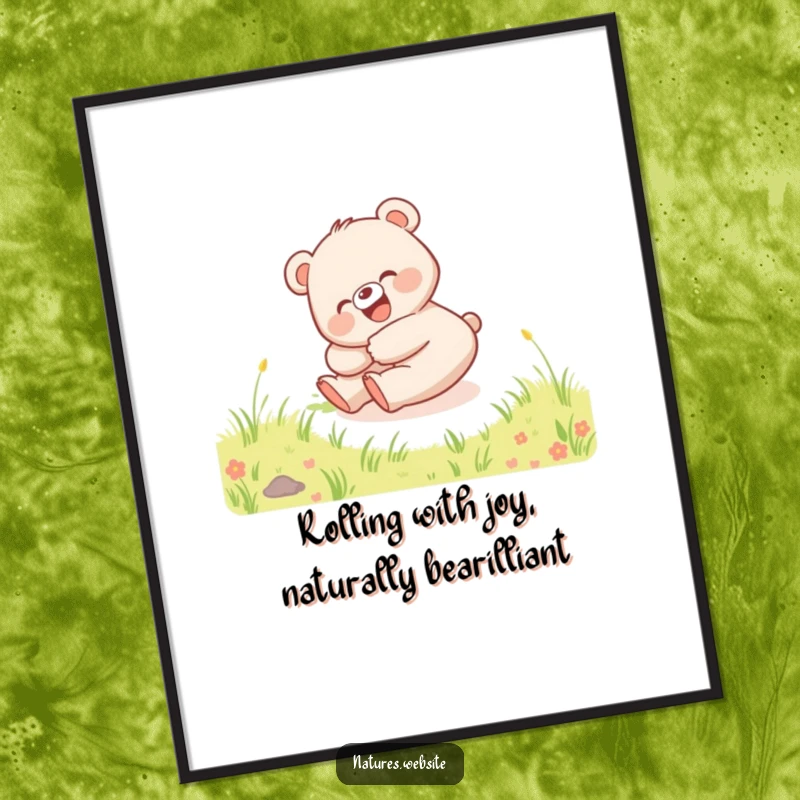 Funny Free Printable Wall Art: A happy bear cub giggling uncontrollably while rolling down a grassy hill, perfect downloadable art.