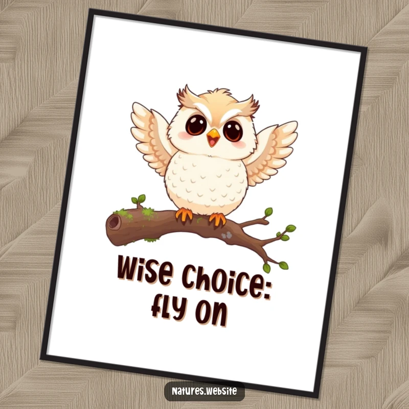 Free Printable Wall Art: A joyful owl chick flaps its wings with gusto while perched on a mossy branch.