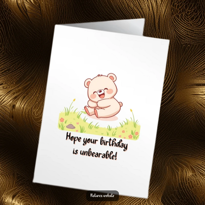Funny Free Printable Birthday Card: Happy bear cub giggling while rolling down a grassy hill, ideal for a humorous downloadable greeting.