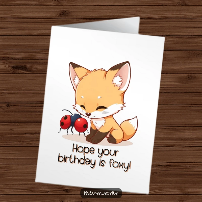 Free Printable Birthday Card: A curious fox cub gently nudges a bright red ladybug with a friendly expression.