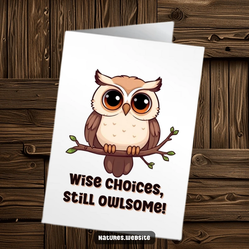Funny Free Printable Birthday Card: Curious owl with big eyes perched on a branch, ready to deliver a hoot of laughter.