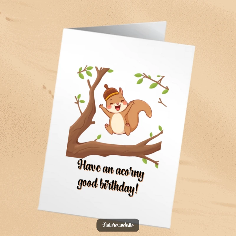 Funny Free Printable Birthday Card: Joyful squirrel in an acorn cap playfully leaping between branches, perfect for a downloadable greeting.