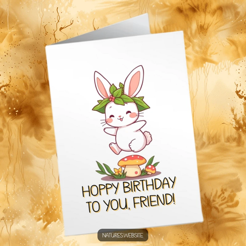 Funny Free Printable Birthday Card: Cute bunny in a leaf crown hopping over a mushroom, ideal for a magical downloadable greeting.