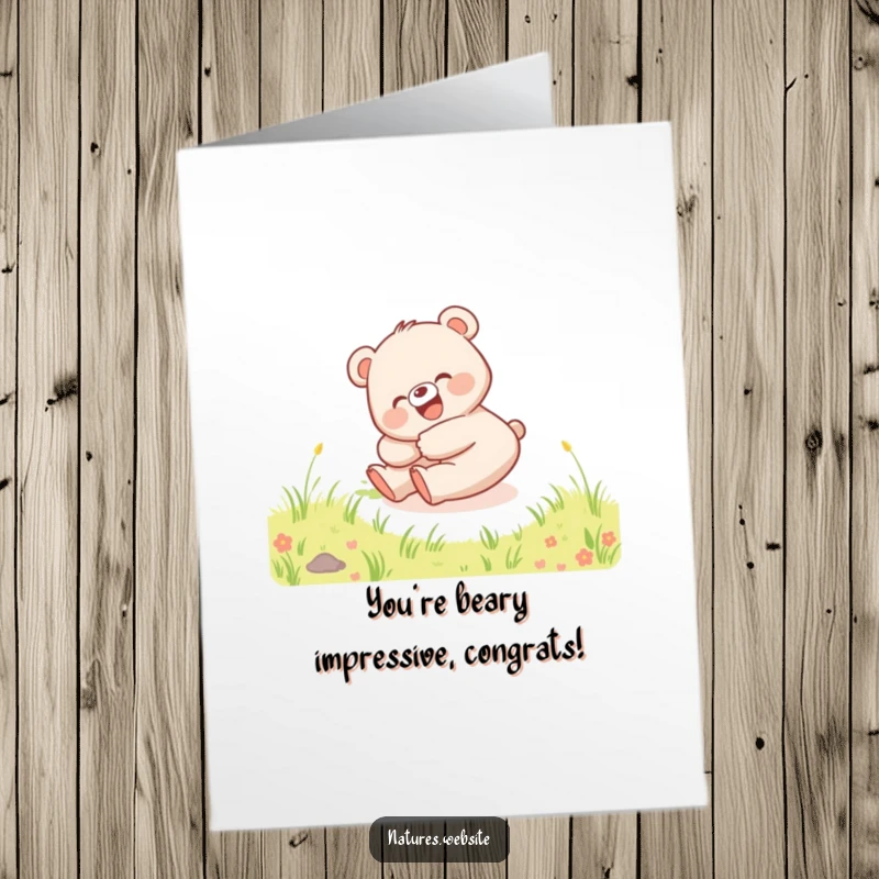Funny Free Printable Congratulations Card: Happy bear cub giggling as it rolls down a grassy hill, perfect for a downloadable celebration.