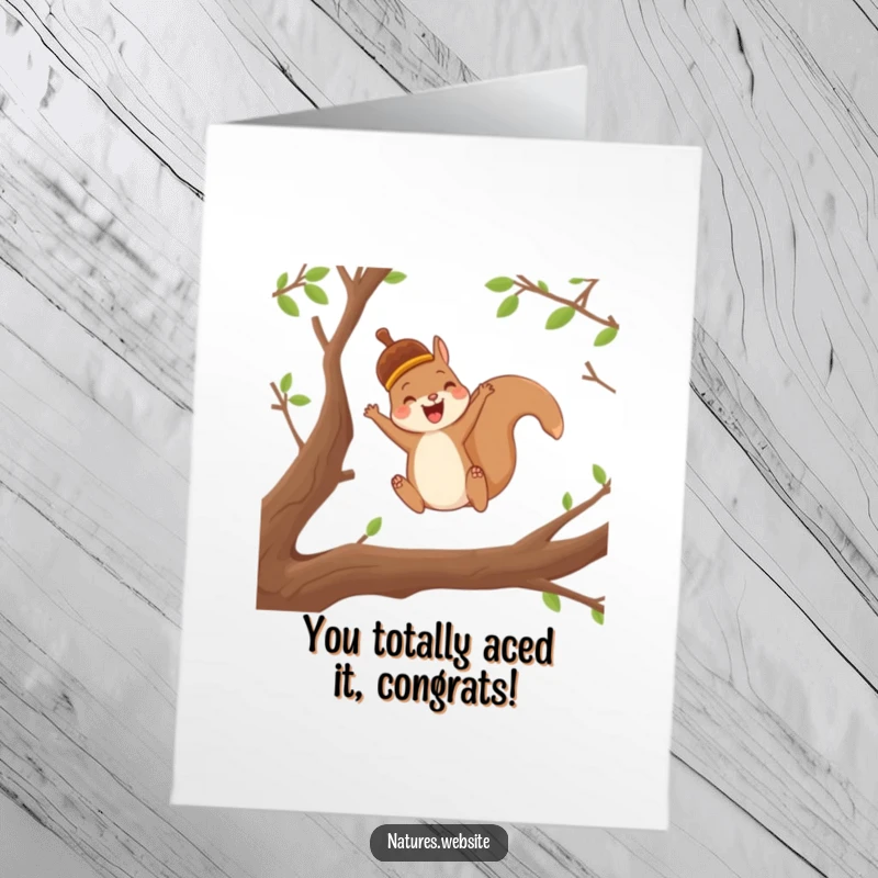 Funny Free Printable Congratulations Card: Joyful squirrel in an acorn cap leaping between branches, great for a downloadable celebration.