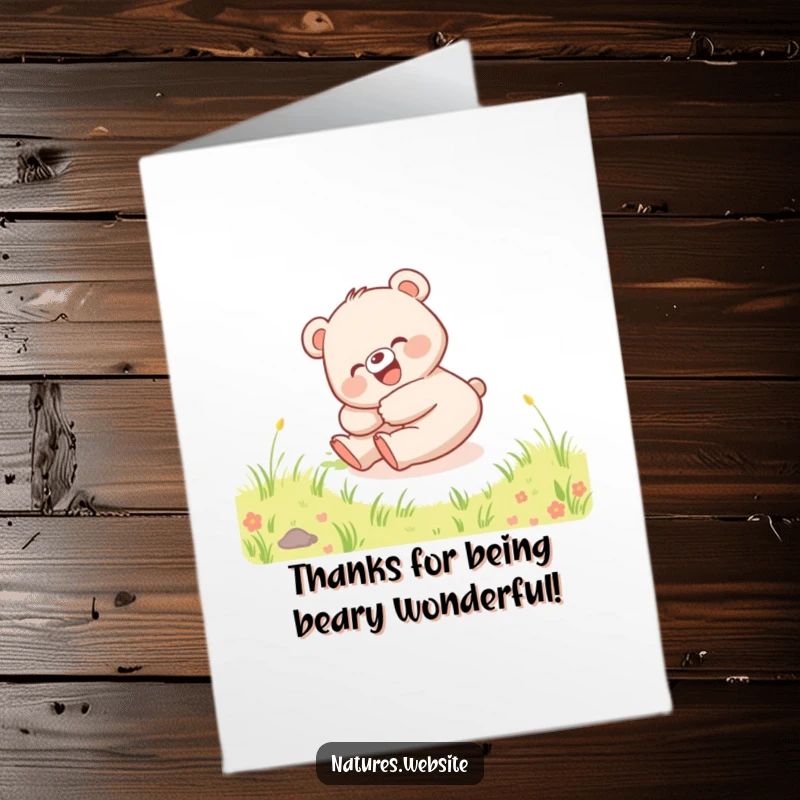 Funny Free Printable Thank You Card: Happy bear cub giggling while rolling downhill, perfect for a humorous downloadable thank you.