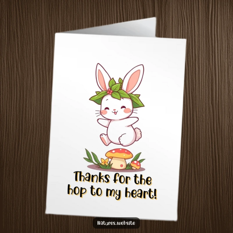 Funny Free Printable Thank You Card: Cute bunny with a leaf crown hopping over a mushroom, perfect for a humorous downloadable thank you.