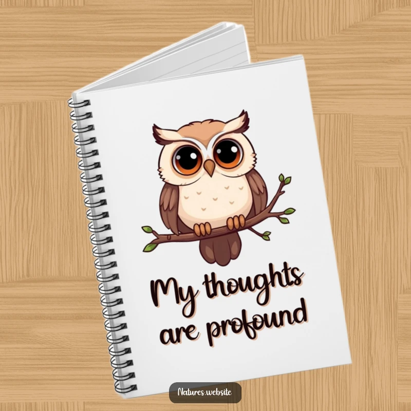 Funny owl notebook with a curious owl, large eyes, and a swaying branch, designed for capturing witty thoughts.