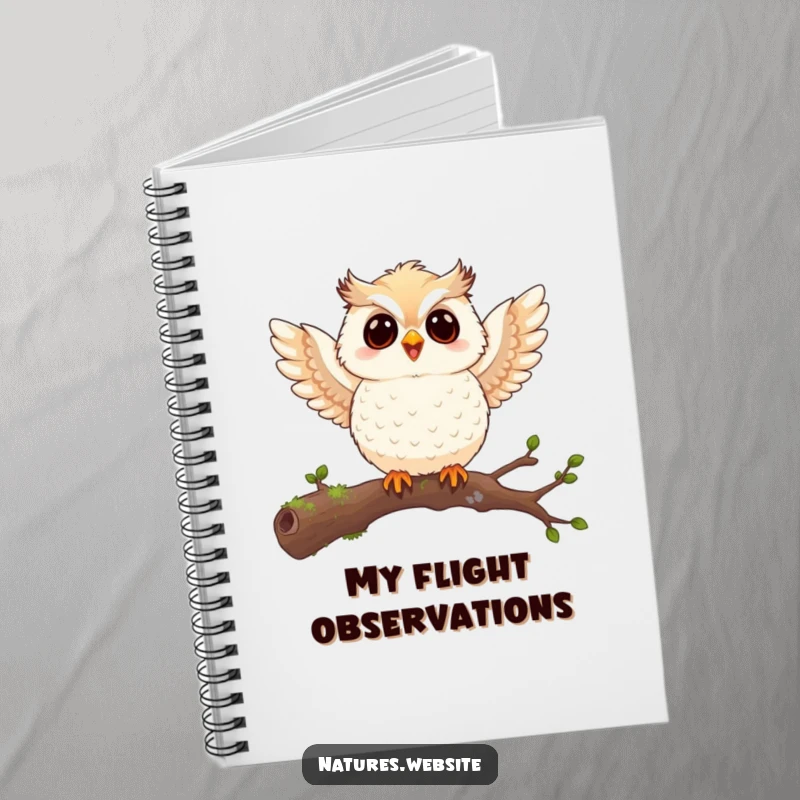 Funny owl chick notebook featuring a joyful chick flapping tiny wings on a mossy branch, ideal for humorous note-taking.
