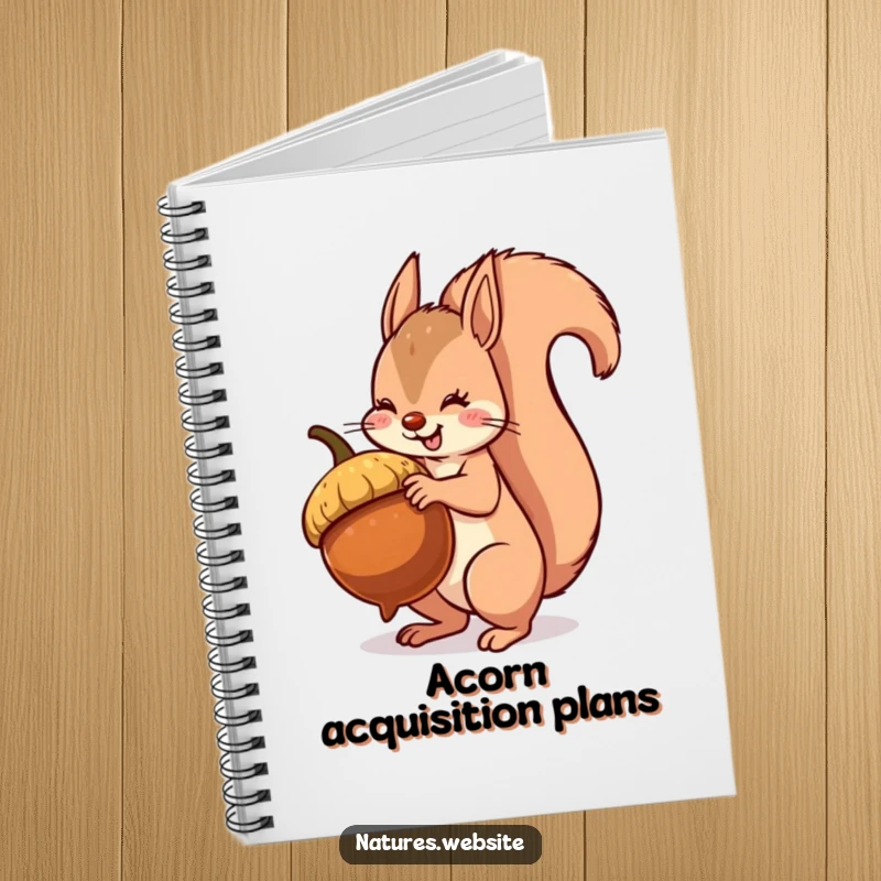 Funny squirrel notebook featuring a bushy-tailed squirrel balancing a giant acorn, ideal for humorous note-taking.