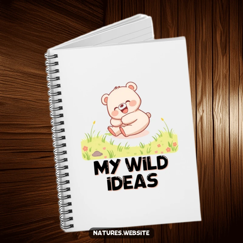 Funny notebook featuring a happy bear cub rolling down a hill, giggling, ideal for journaling.