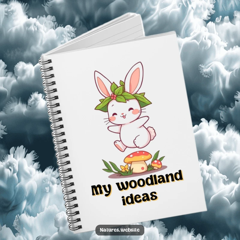Funny notebook featuring a cute bunny hopping over a mushroom, ideal for journaling and creative ideas.