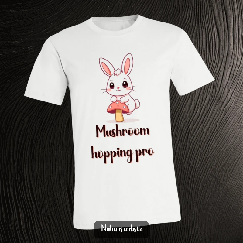 Funny t-shirt with a bouncing bunny, big curious eyes, mid-hop over a small mushroom.