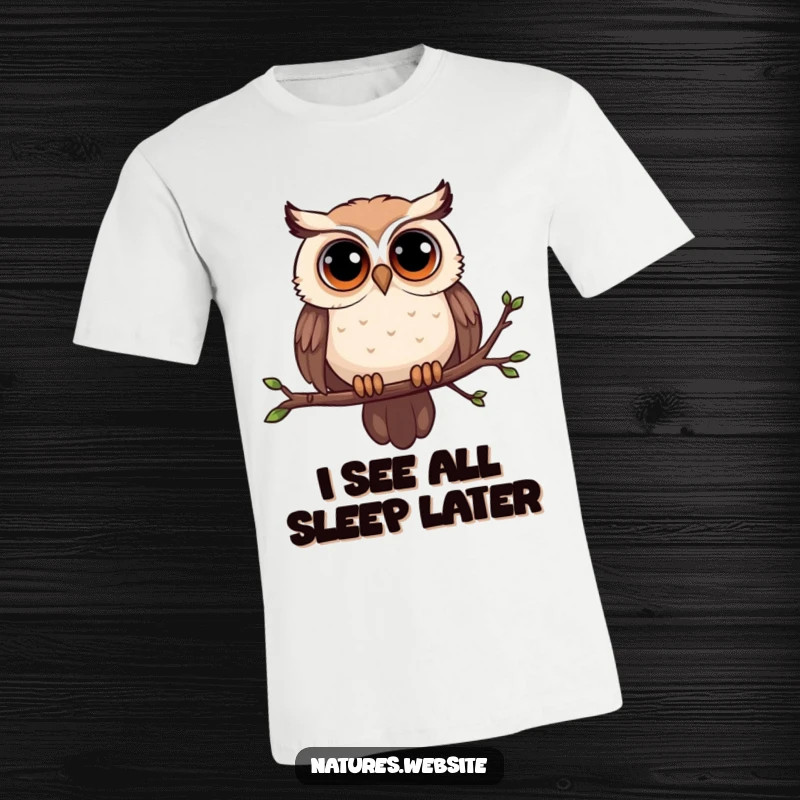 Funny owl T-shirt showing a curious owl with big eyes on a swaying branch, radiating playful curiosity and charm.