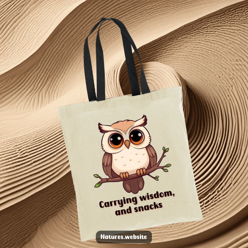 Funny owl tote bag with a curious owl and big eyes on a swaying branch, perfect for carrying your funny finds.