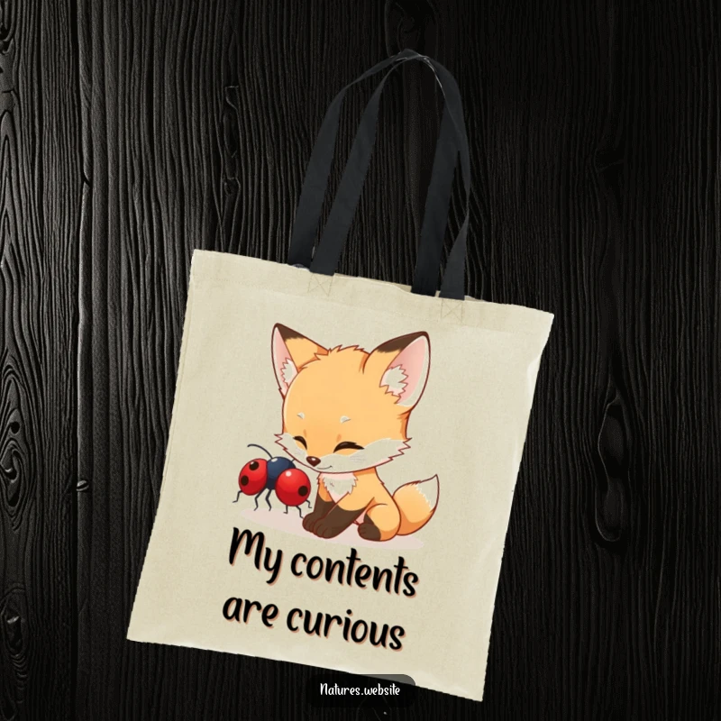 Funny fox cub tote bag depicting a curious cub playfully nudging a red ladybug, showcasing a charming and humorous accessory.